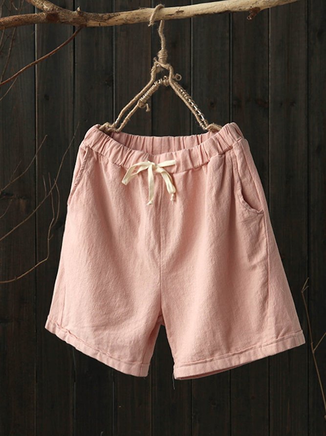6 Colors Pockets Linen Casual Solid Drawcord Shorts